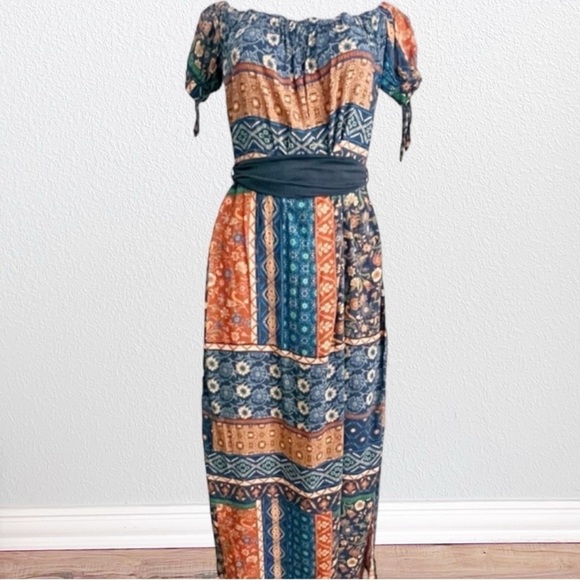 Dress Forum Los Angeles Patchwork Floral Off Shoulder Maxi Dress SZ S Navy - Picture 4 of 15